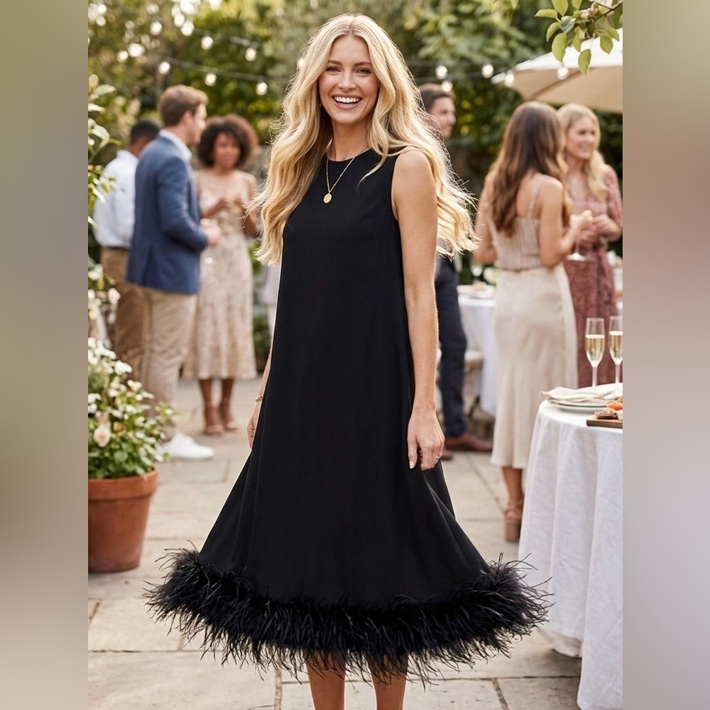 Black Chiffon Maxi Dress with Ostrich Feather Trim - NWT